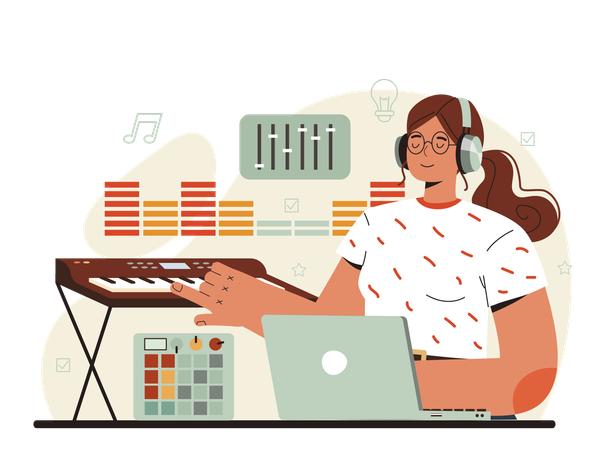 Young woman playing keyboard piano  Ilustração