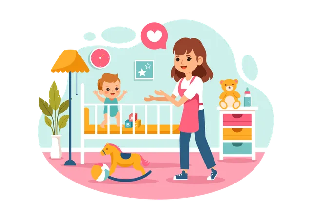Babysitter Or Nanny Services Vector Illustration For Caring For Babies Providing For Their Needs And Playing With Baby In A Flat Cartoon Background Illustration