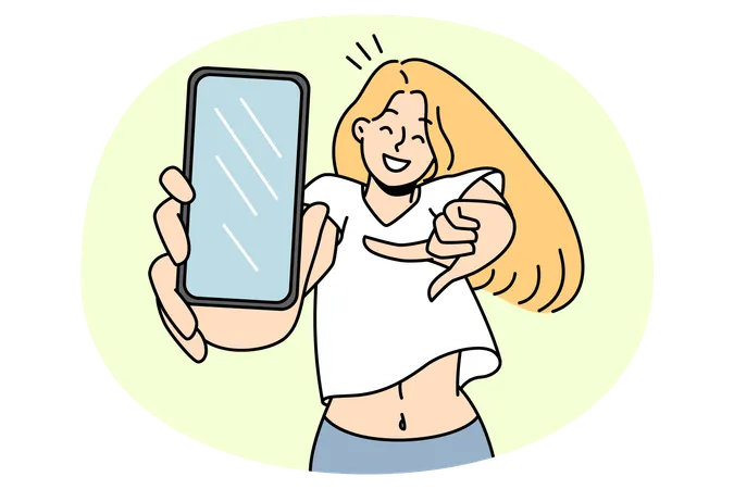Young woman pointing at cellphone screen show good sale deal  Illustration