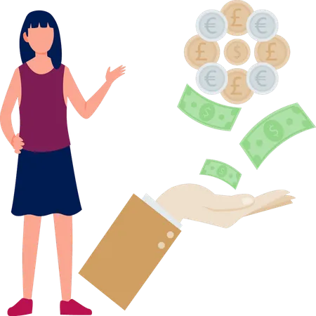 Young woman pointing at money  Illustration