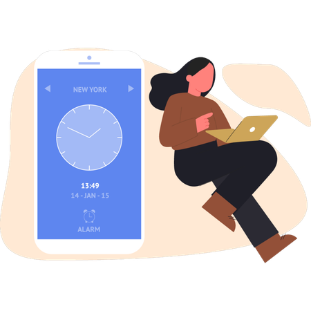 携帯電話の時間を指差す若い女性  イラスト