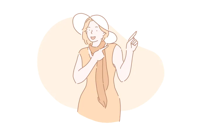 Young woman points away with both fore fingers  Illustration