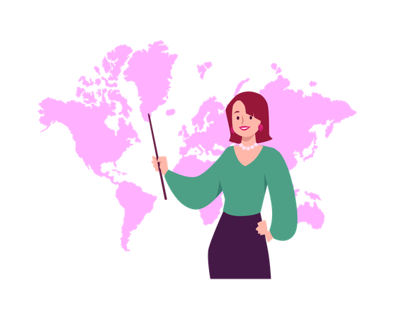 Young woman points to the map  Illustration