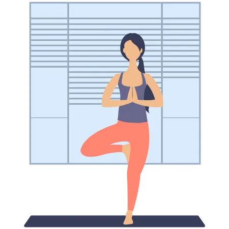 Young woman practicing yoga in living room  Illustration