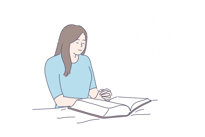 Prayer Blessing Religion Bible Faith Concept Young Happy Religious Woman Or Girl Prays In Room Above Open Bible Asking Request Faith In God Drawn In Cartoon Style Blessed Light Vector 일러스트레이션