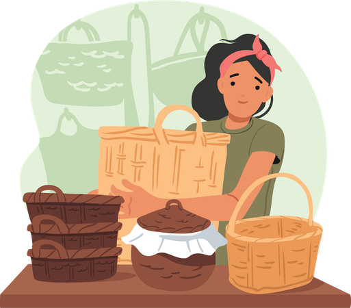 Young woman promoting creative handmade wicker baskets at workshop  Illustration