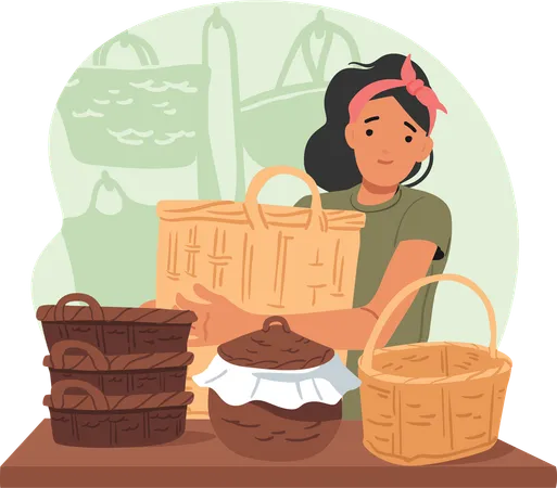 Young woman promoting creative handmade wicker baskets at workshop  Illustration