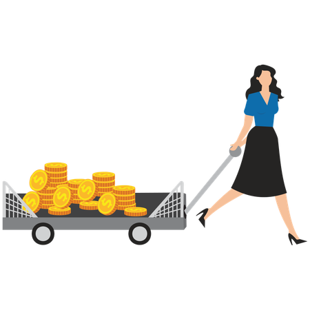 Young woman pulling coins trolly  Illustration