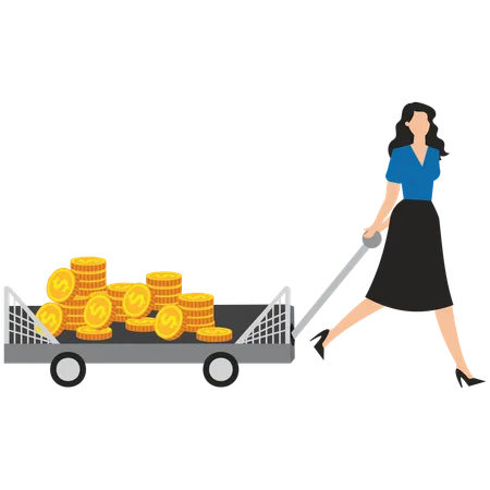 Young woman pulling coins trolly  Illustration