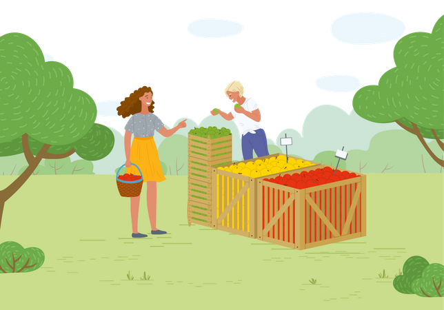 Young woman purchases fruits at market Illustration