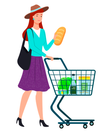 Young woman pushing shopping cart full of products  Illustration