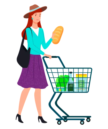 Young Woman Pushing Shopping Cart Full Of Groceries Girl With Grocery Cart Makes Purchases Buys Goods In Supermarket Lady With Grocery Trolley Holding Bread Shopping In Modern Store Concept Illustration