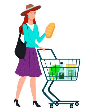 Young woman pushing shopping cart full of products  Illustration