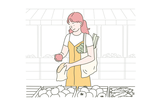 Young woman puts food in bags  Illustration