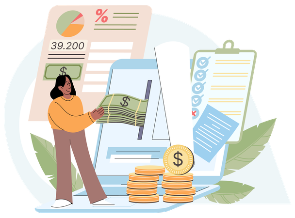 Young woman puts money into deposit account  Illustration
