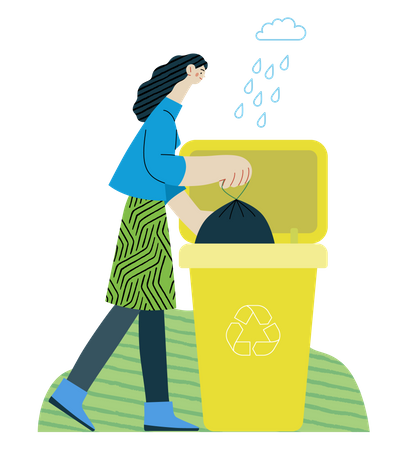 Young woman putting a trash bag into the garbage container for plastic waste  イラスト