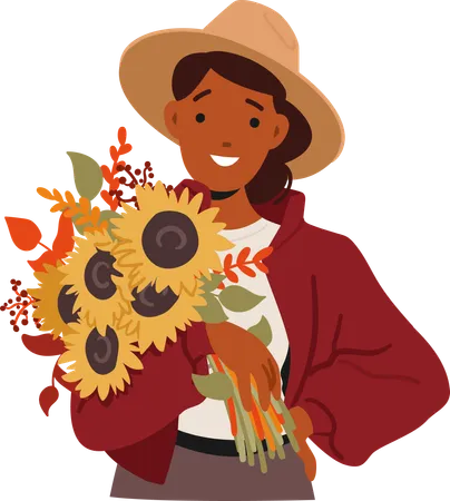 Young woman radiates joy and holding a vibrant autumn bouquet  Illustration