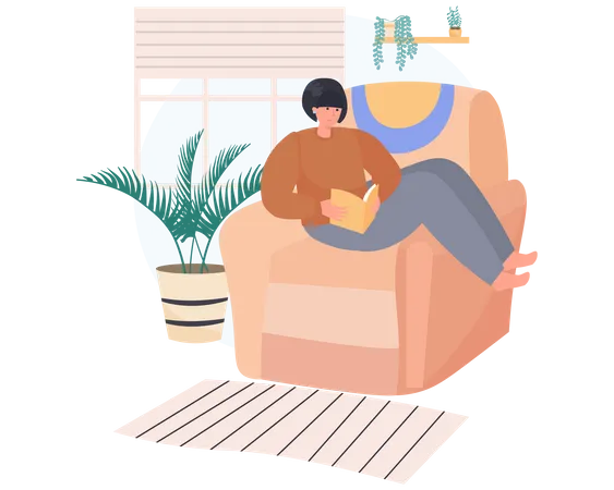 Young woman reading a book while sitting on a Living Room sofa  Illustration