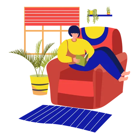Young woman reading a book while sitting on a Living Room sofa  Illustration