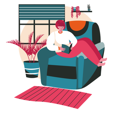 Young woman reading a book while sitting on a Living Room sofa  Illustration