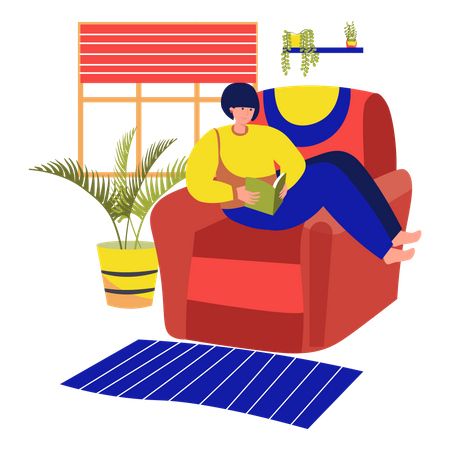 Young woman reading a book while sitting on a Living Room sofa  Illustration