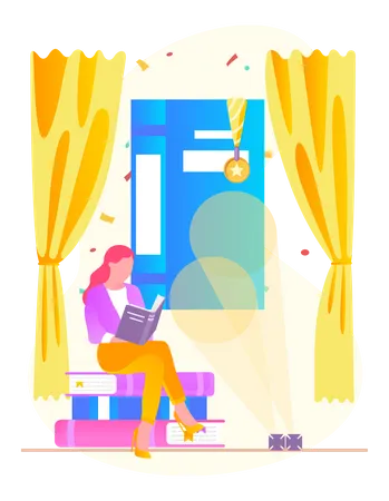 Young Woman Reading Book Studying At Home Book Lovers Hobby Student Resting With Book Female Character Is Fond Of Literature Enjoys Reading Gets Education Illustration