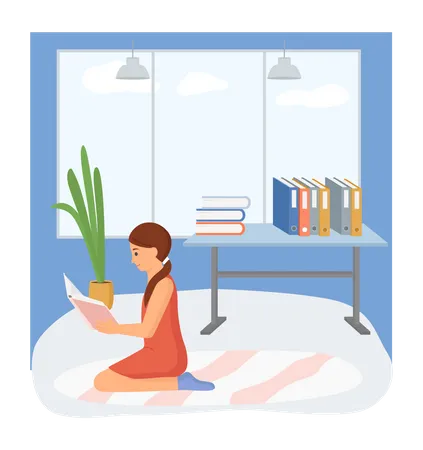 Girl Sits At Home And Reads Lies On Floor And Studies Book Woman With Book In Her Hands Spending Time In Apartment Female Character Is Reading And Resting After Work Leisure Pastime At Home Illustration