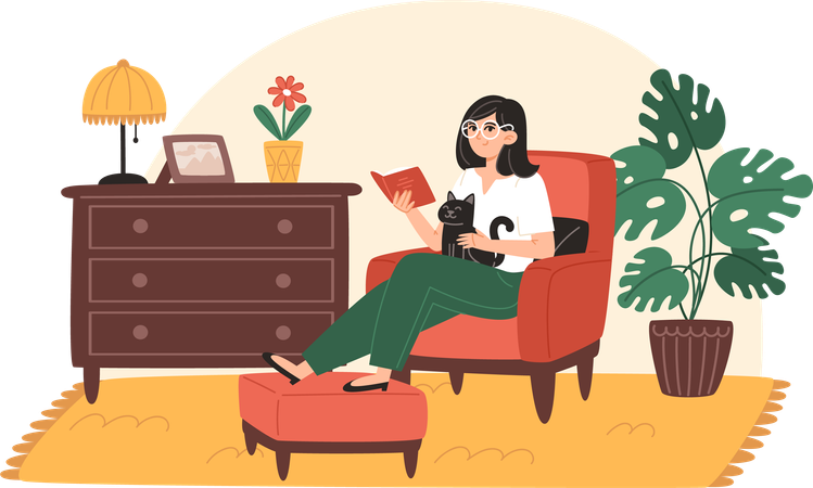 Young woman reading book at home in cozy living room at home  Illustration