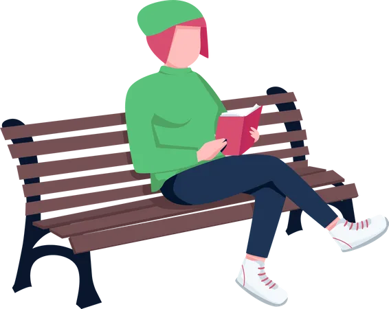 Young woman reading book on bench  Illustration