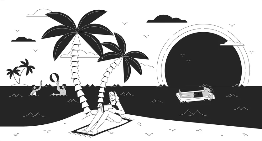 Young woman reading book on sea beach  Illustration