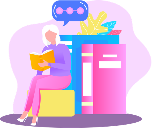 Young woman reading book sitting in library  Illustration