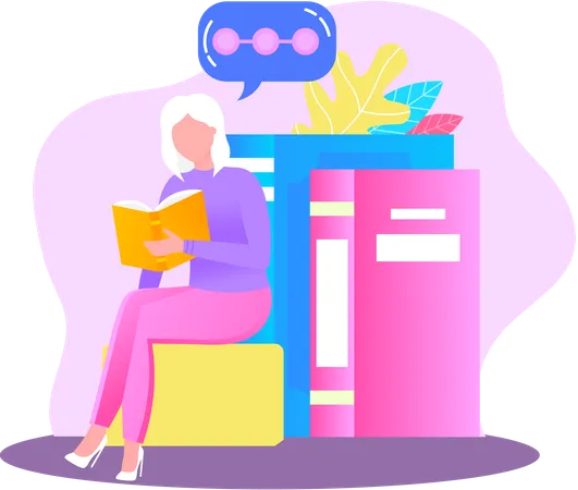 Young woman reading book sitting in library  Illustration