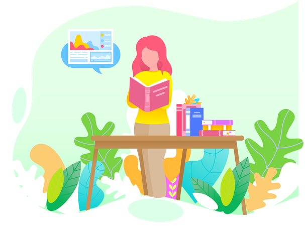 Young woman reading book sitting in library  Illustration