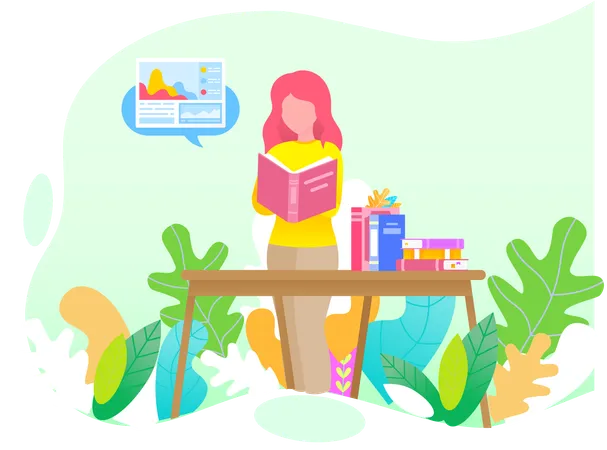 Young woman reading book sitting in library  Illustration