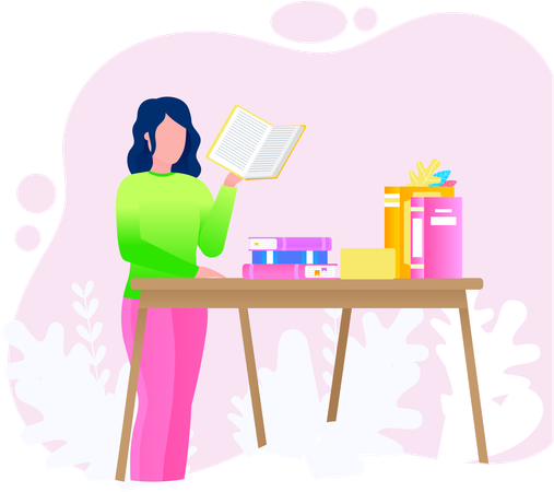 Young woman reading book sitting in library  Illustration