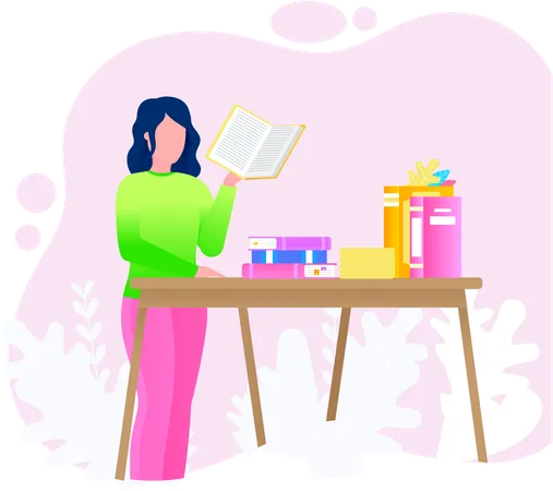 Young woman reading book sitting in library  Illustration