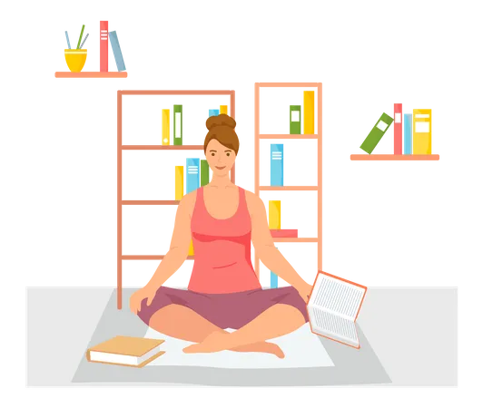 Young woman reading book sitting in lotus position  Illustration
