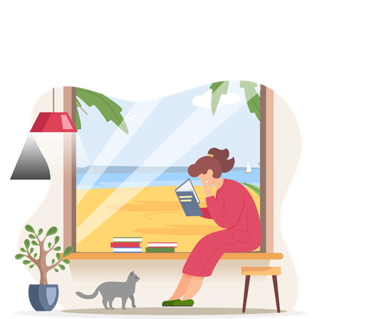 Young woman reading book sitting near window in living room  Illustration