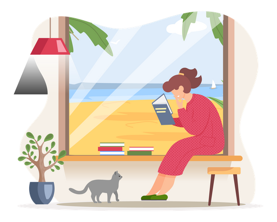 Young woman reading book sitting near window in living room Illustration