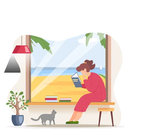 Young woman reading book sitting near window in living room  Illustration