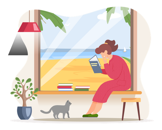 Young woman reading book sitting near window in living room  Illustration