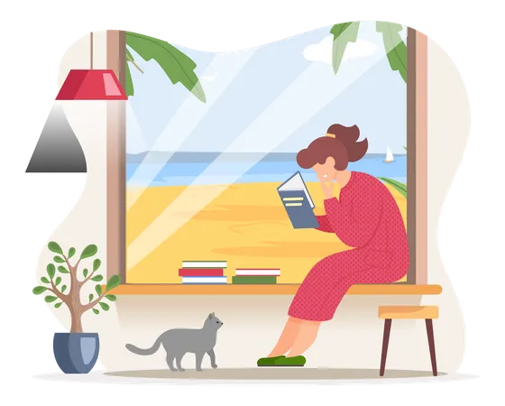 Young woman reading book sitting near window in living room  Illustration