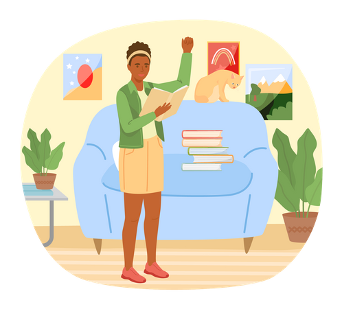 Young woman reading book standing near stack of books in living room Illustration