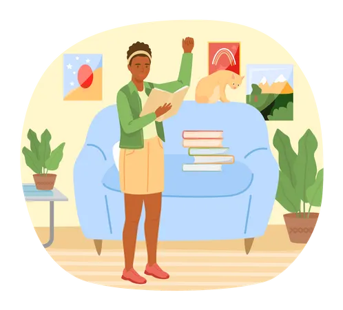 Young woman reading book standing near stack of books in living room  Illustration