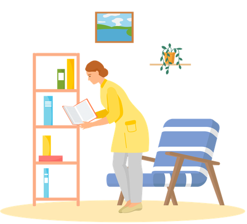 Young woman reading book standing near stack of books in living room  Illustration