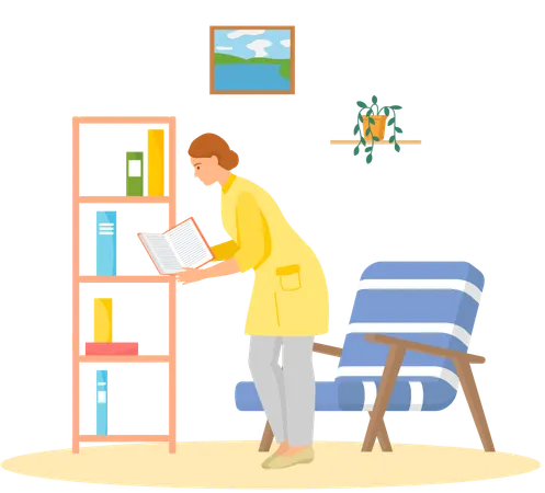 Young woman reading book standing near stack of books in living room  Illustration