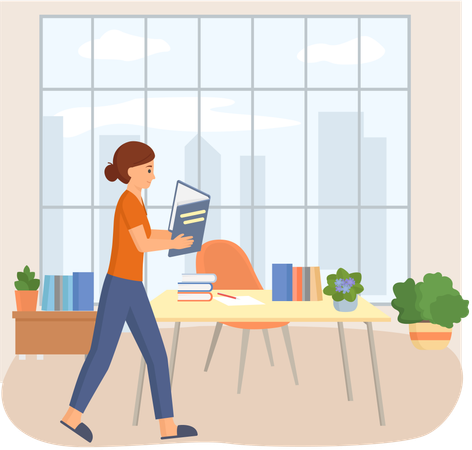 Young woman reading book standing near stack of books in living room  Illustration