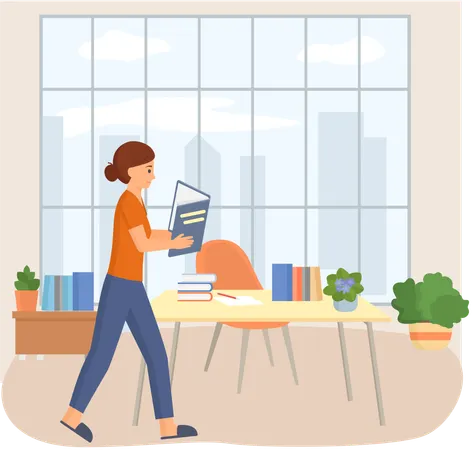 Young woman reading book standing near stack of books in living room  Illustration