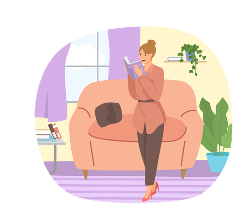 Young woman reading book standing near stack of books in living room  Illustration