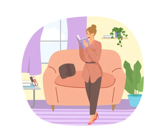 Young woman reading book standing near stack of books in living room  Illustration